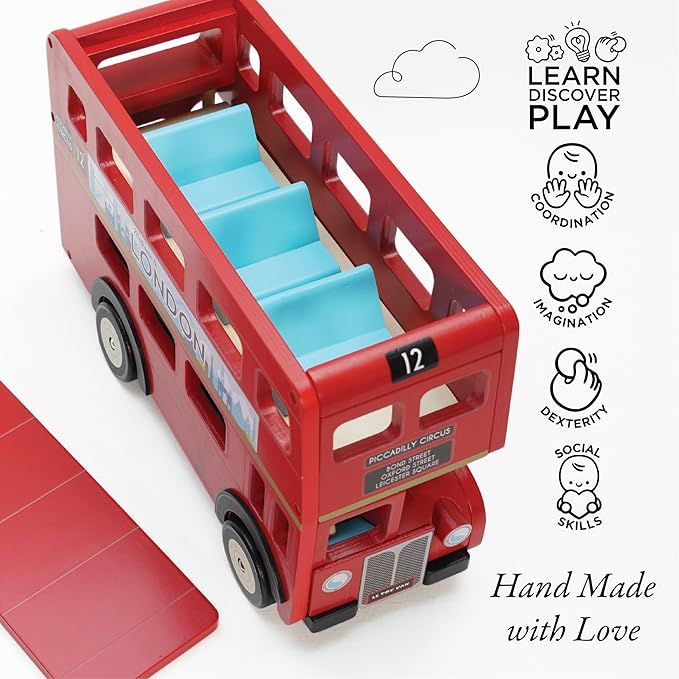Le Toy Van - Cars & Construction - London Double Decker Bus - Wooden Bus - Role Play Toy - Suitable for Girls & Boys Age 3+, Red