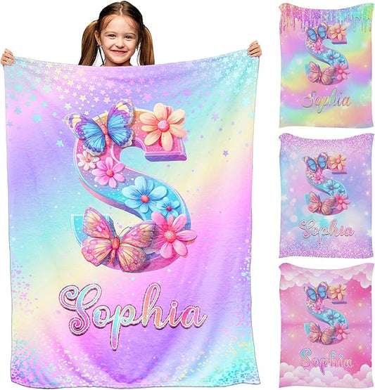 Ship Next Day, Personalized Baby Name Blanket for Girls Boys, Custom Toddler Blankets with Name & Capital Letter Gradient Pattern, Customized Throw Blanket Gifts for Kids Teens on Birthday Christmas