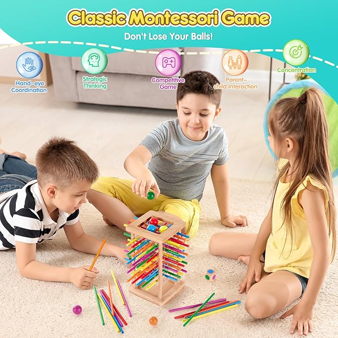Montessori Game Wooden Board Game, 48 Colorful Sticks Dice Game for 3 4 5 6 Year Old, Montessori Toys for Kids Math Educational Toys for 3 Years Old, Fine Motor Skills Toy Family Travel Game Gifts