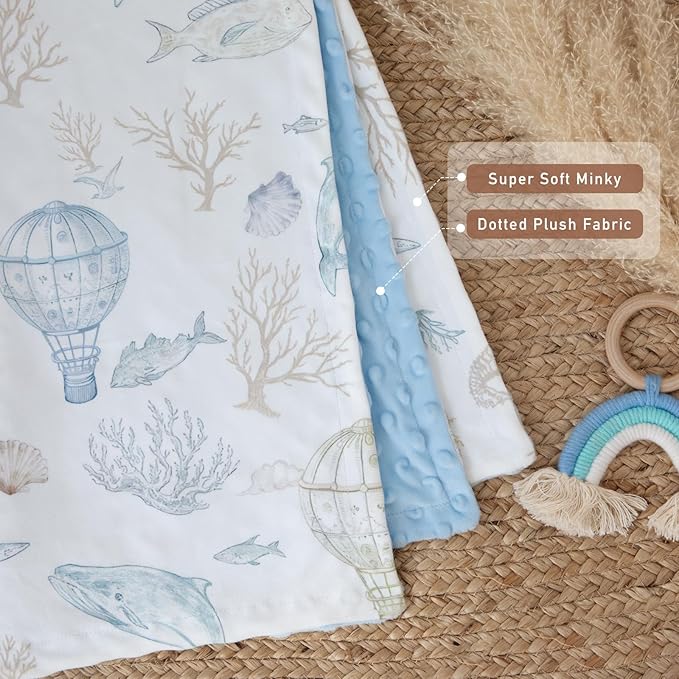 Whale Baby Fleece Blanket Neutral for Boys Girls, Soft Kid Throw Minky Blanket Double Layer with Dotted Backing, 30 x 40 Inch Blue Whale Hot-air Balloon Print
