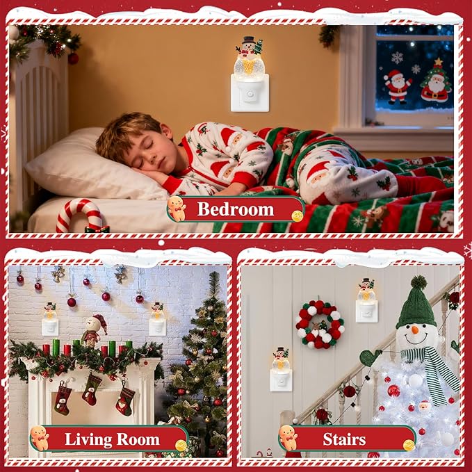 2 Pack Christmas Night Light Plug into Wall Glitter Water Nightlight with USB/Outlet Options, Christmas Snowman Ice Cream Decorative Nightlight for Holiday Decorations Gifts (Snowman Ice Cream)