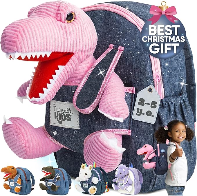 Naturally KIDS Pink Dinosaur Toys for Girls, Dinosaur Gifts for Girls 2-5 Year Old, Toddler Backpack