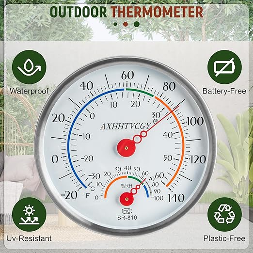 Indoor Outdoor Big Dial Thermometer Hygrometer Waterproof- No Batteries Required for House, Terrarium, Incubator, Greenhouse by AXHHTVCGY