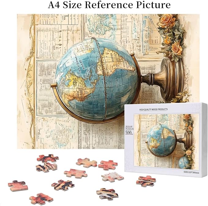 Elegant Globe Puzzle，World Map Inside, Vintage Backdrop, and Rose Detailing，500 Piece Adults Wooden Jigsaw Puzzle，Puzzles Suitable for Entertaining with Family During Holidays