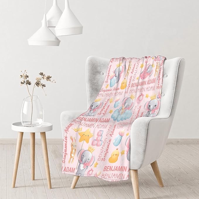 Personalized Baby Blanket for Girls Boys Elephant Custom Baby Blanket with Name Swaddle Blanket for Toddlers Infants Kids Shower Newborns Nursery Stroller Crib Decor Throw Birthday Gift