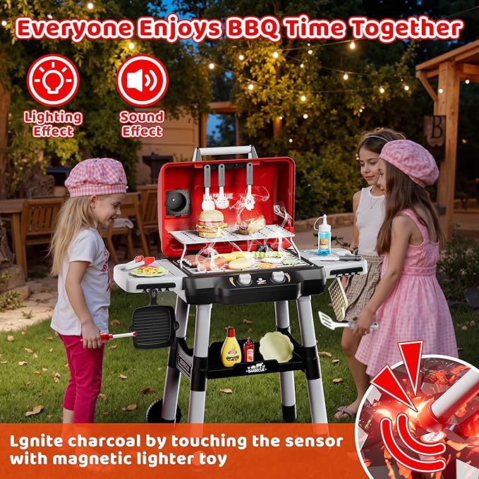 Kids Play Kitchen Toys, Kids BBQ Grill Playset，2-Tier Barbecue Toy with Wheels, Smoke Sound Light, Outdoor Play Food Toys Cooking Set, Birthday Gift for Toddlers 3-5