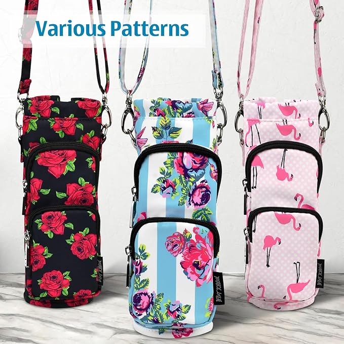 Betsey Johnson Insulated Water Bottle Pouch Holder Carrier Crossbag with Adjustable Shoulder Strap - Lightweight Polyester Accessories with Pockets Good for Hiking Sports
