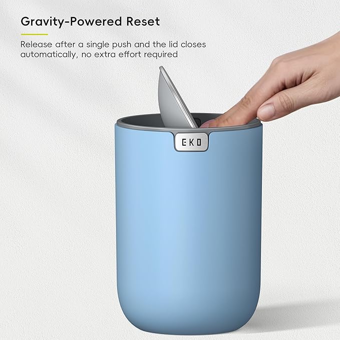 EKO Fandy 0.58 Gal/2.2L Mini Trash Can with Lid, Swing-Top Desktop Trash Can for Bathroom, Countertop, Vanity, Desk or Office, Small Garbage Bin (Blue)