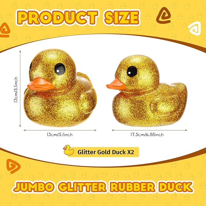 Honoson 2 Pcs 6.89 Inch Giant Glitter Rubber Ducks Big Sparkly Rubber Ducks Jumbo Bathtub Toys with Squeaky Sound for Baby Shower Pool Activity Birthday Gift(Glitter,Gold)