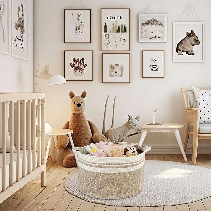 Large Cotton Rope Basket Blankets Basket Living Room 22"x14" Toy Baskets for Kids Rope Storage Basket for Nursery Woven Laundry Baskets for Clothes Towels Baby Toy Storage round white brown