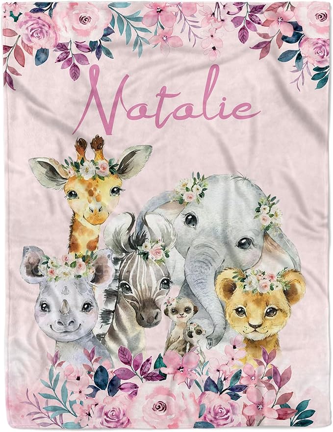 Personalized Baby Blanket with Name Custom Animals Blanket for Infant Toddler Newborn Customized for Boy Girl Birthday Christmas