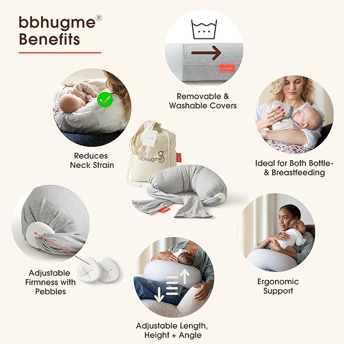 bbhugme Adjustable Nursing Pillow - Breastfeeding, Bottle Feeding, Baby Support - Adjustable Firmness and Fit - Washable Pillow Cover - Grey Melange…