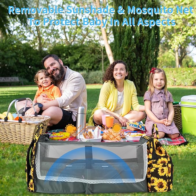 KABAQOO Diaper Bag Backpack with Detachable Changing Station, Large Capacity Baby Diaper Bags for Boys & Girls, Baby Registry Search Stuff & Shower Gifts, Newborn Essentials Must Haves, Sunflower