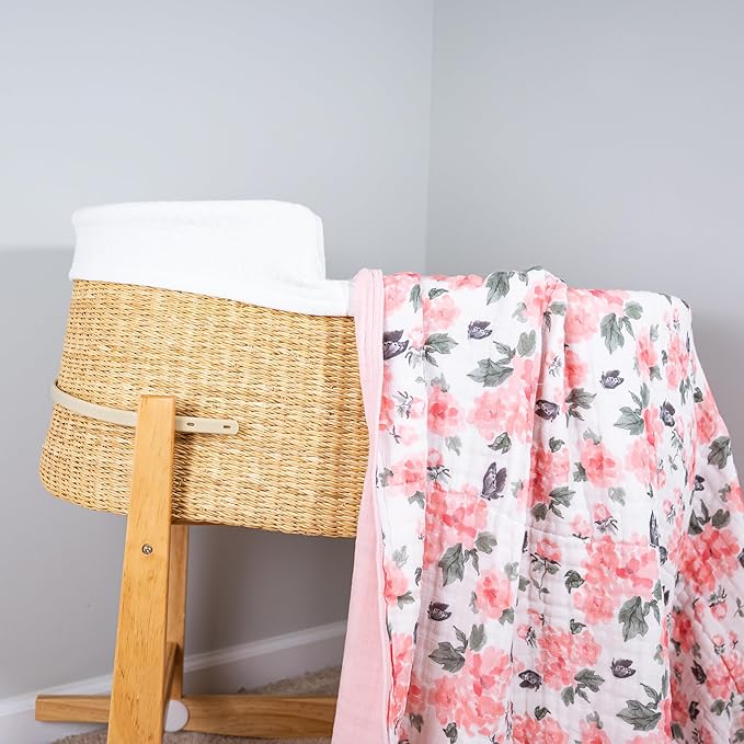 LollyBanks Muslin Baby Blanket 100% Organic Cotton, Muslin Quilt Lightweight, 6 Layers Soft Blanket for Girls, 47"x 47" Toddler Blankets, Nursery Receiving Blankets (Pink Peony Print)
