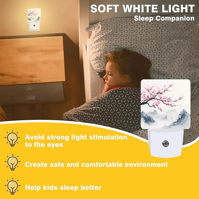 Cherry Blossom Tree Night Light, Japanese Mountains Plug-in Nightlight with Dusk to Dawn Auto Sensor for Home Bedroom Hallway Kitchen 0.5W Sleep Friendly Led Lamp for Women Men