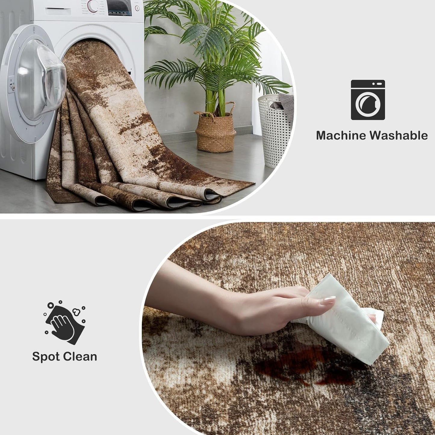 Kelarea Living Room Rug, 9x12 Rug Modern Abstract Washable Rugs, Brown Vintage Low Pile Carpet, Non Slip Large Rugs for Bedroom, Dining Room, College Dorm, Home Office