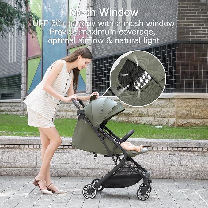 Compact Fold Baby Stroller, Lightweight Travel Toddler Stroller with One-Click Fold, Extendable UPF50+ Canopy, Cup Holder, UV Protected and Waterproof, One-Hand Folding - Green