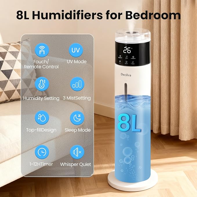 Large Humidifier for Bedroom, 8L/2.1Gal Ultrasonic Cool Mist, Remote control,Easy Clean with 350ML/H Large Mist Speed, Suitable for Kids Room Plant Yoga Study Room Office