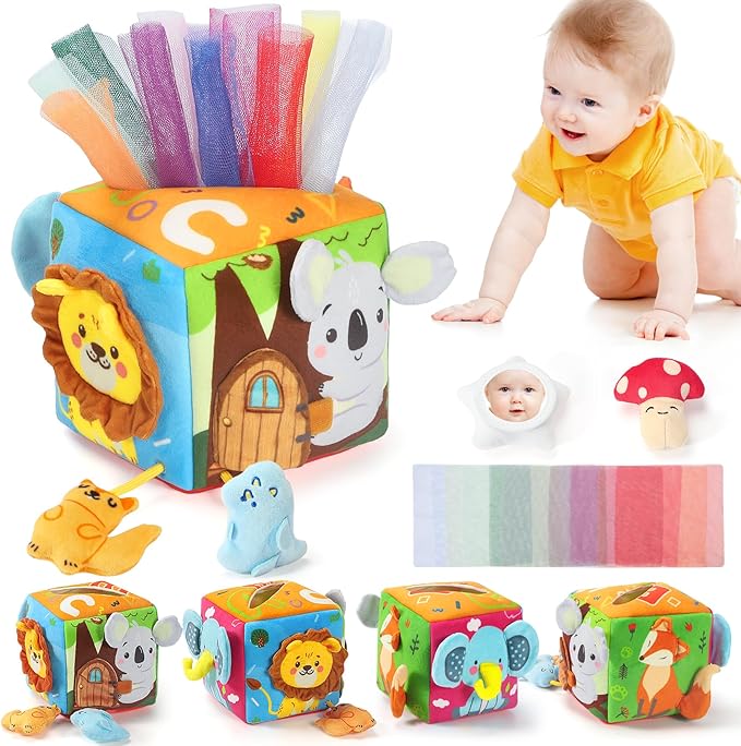 Baby Tissue Box Toy - Baby Toys 6-12 Months Montessori Toys for 6 Month Old with Squeaking Toy Cat, Rattle, Silk Scarves, Safety Mirror, for 1 Year Old - Boy Girl Gifts for Babies 6 9 12 18 Months Old