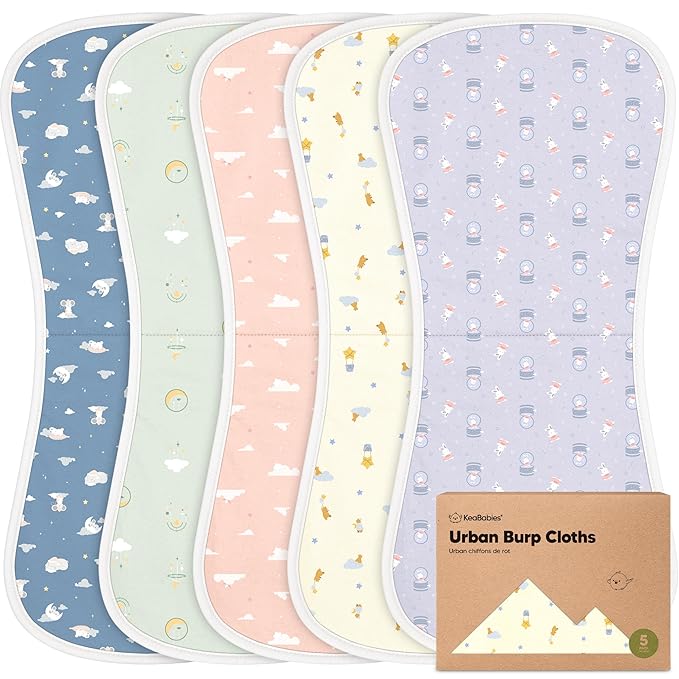 Organic Burp Cloths Baby Boy & Girl - 5-Pack Super Absorbent Cotton Burping Cloths for Babies, Soft & Plush Newborn Spit Up Rags, Infant Towels for Milk Spit Up, Unisex, Large 21" x 10" (Dreamers)