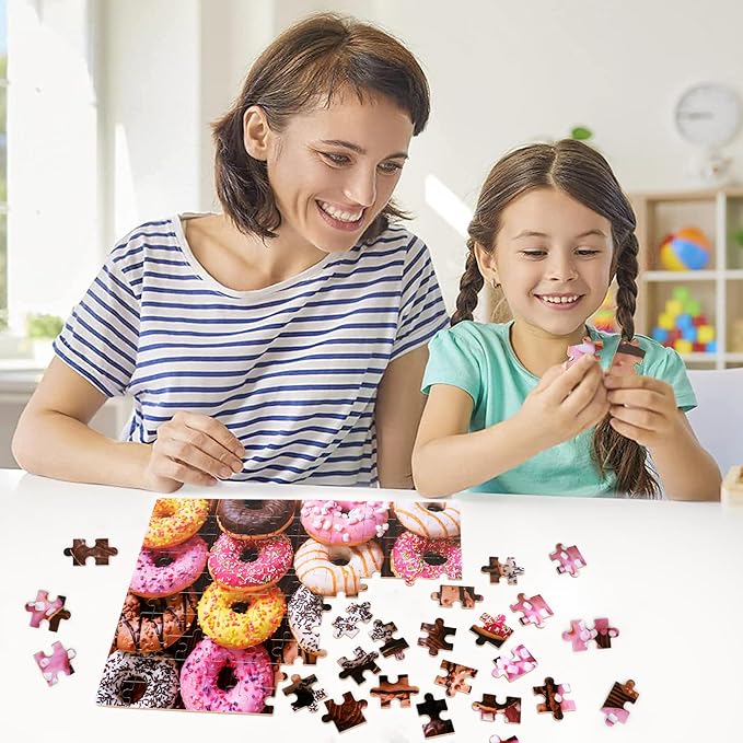 LELEMON 100 Pieces Donut Jigsaw Puzzle for Kids Ages 4-8 Sweet Colorful Donut Jigsaw Puzzles in a Metal Box Children Boys Girls Learning Educational Puzzles Toys