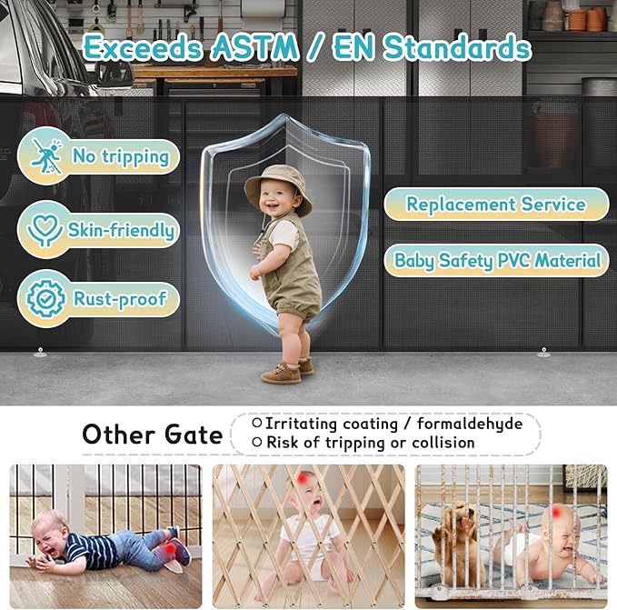 236'' Retractable Baby Gates Extra Wide, 42'' Extra Tall Retractable Dog Gate, 20 FT Black Indoor/Outdoor Retractable Gate with Reinforcement Rods for Garage, Doorways, Stairs, Decks, Driveway, Patio