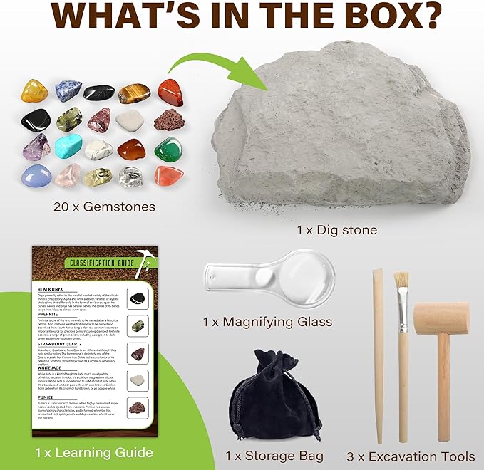 LotFancy Gemstone Dig Kit, Excavate 20 Real Gems, Science Kit for Kids Age 8-12, Educational Toy, Birthday Gift for Boys Girls with Mining Tools
