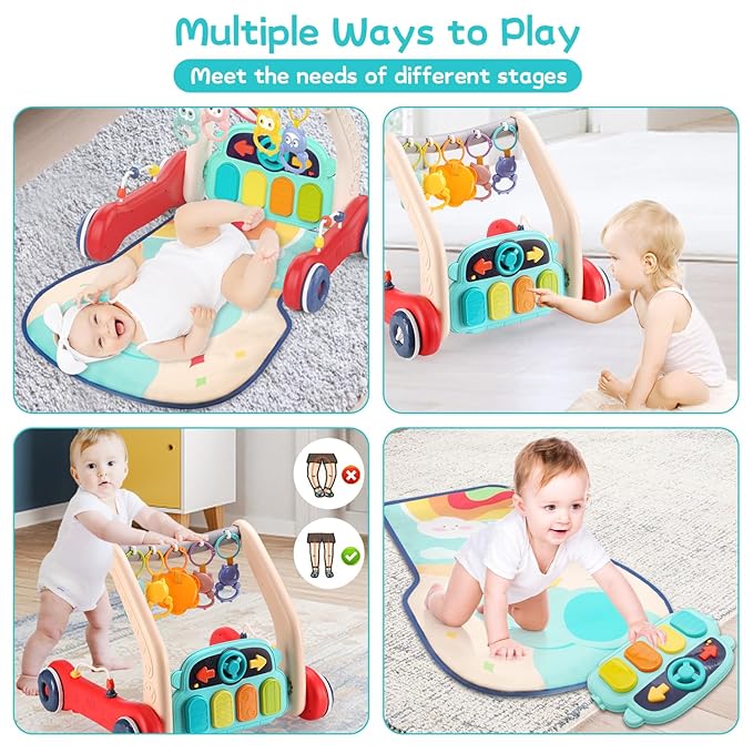 Baby Play Mat Gym, 2 in 1 Baby Walker Tummy Time Activity Mat with 5 Infant Sensory Toys, Music and Lights Floor Play Mat as Birthday Gift for 0-12 Months Boys Girls
