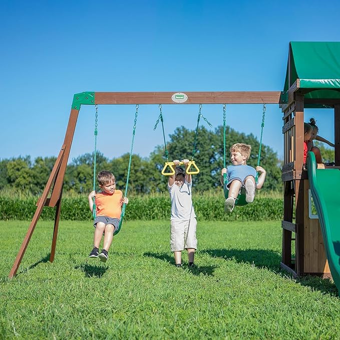 Backyard Discovery Lakewood Cedar Wood Swing Set with Wave Slide, Clubhouse, Playhouse, Snack Bar Window, Picnic Area, Belt Swings, Trapeze, Full Front Door, Windows, Step Ladder, Outdoor Playset
