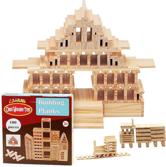 OWT Wooden Building Planks for Kids | 100 Piece STEM Construction Blocks Set for Creative Play | Educational Wood Building Toys for Boys and Girls Ages 3+ | Architecture, Engineering & Learning Fun