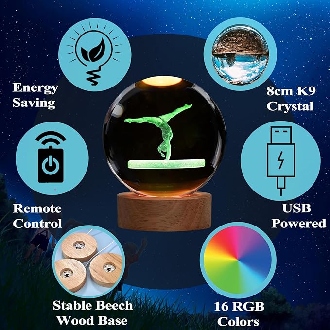Gymnastics Night Light, Gymnastics Gifts for Girl, Gymnastics 3D (3.15 in) Crystal Ball Night Light with Remote Upgraded Lamps with 16 Color for Birthday Xmas Cool Room Decor for Boys Girls