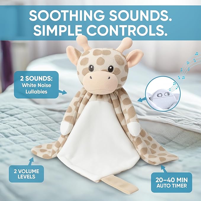 Baby Sleep Soother Beige & White Giraffe Plush with Heartbeat & Lullaby Sounds, 4-in-1 Sound Machine, Security Blanket & Pacifier Holder, Baby Registry Essential & Christmas Gift for Newborns, Infants
