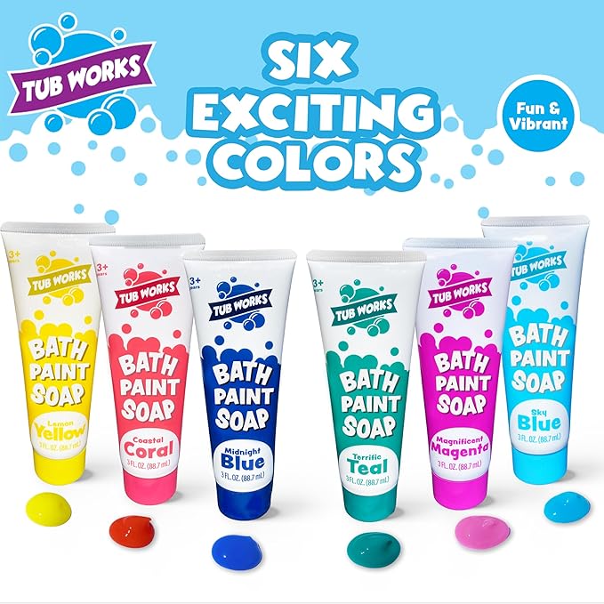 Tub Works® Bath Paint Soap Bath Toy, Fun Colors 6 Pack | Non-Toxic | Washable Bathtub Paint for Finger Painting on Tub Walls | Ideal Toddler Bath Toys for Creative Play | Easy to Clean, Fun Paint Soap