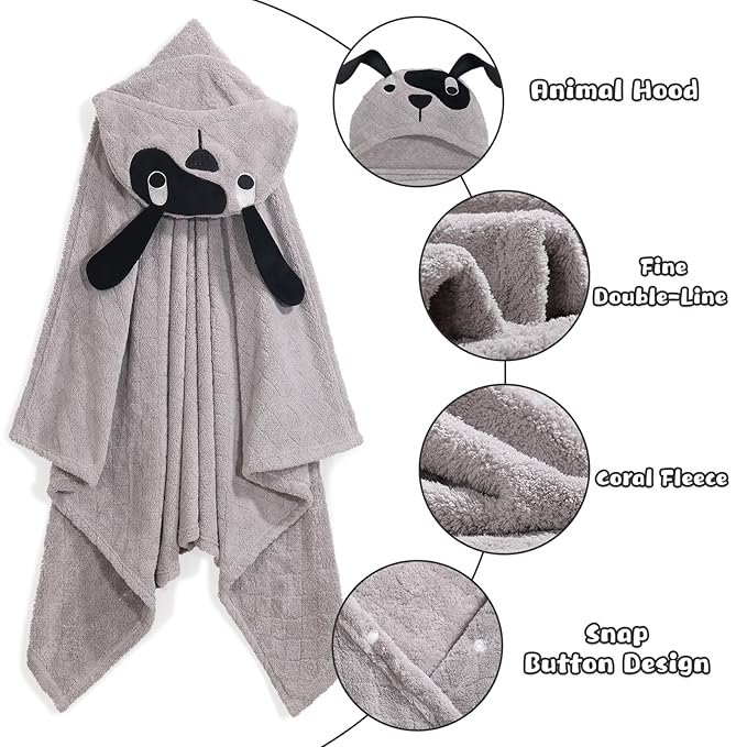 Baby Boy Bath Towels, Animal Hooded Toddler Towel for Boys,50 x 32 Inches,Super Soft Absorbent Premium Coral Fleece Luxuriously Thick for Kids,Grey Puppy