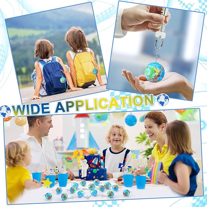 Quelay 50 Pack Earth Day Globe Keychains for Kids, Planet Earth Keyrings Toy Includes Globe Stress Balls Cards Organza Bags, School Party Favor