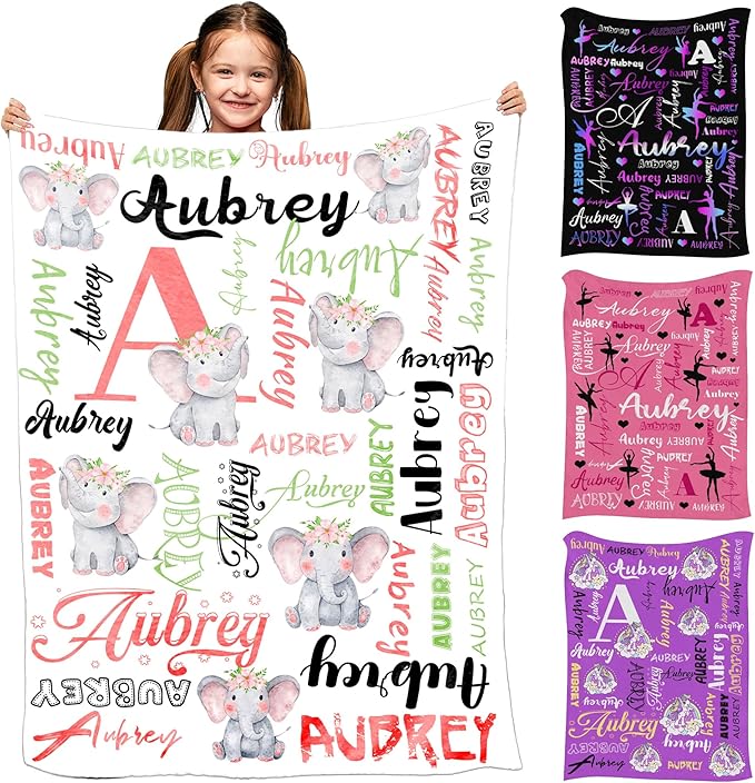 Personalized Name Toddler Blanket for Baby Kids, Cute Elephant Blankets for Daughter Son Granddaughter Grandson, Customized Name Blanket for Christmas Birthday, Baby Girl Boy Newborn Essentials