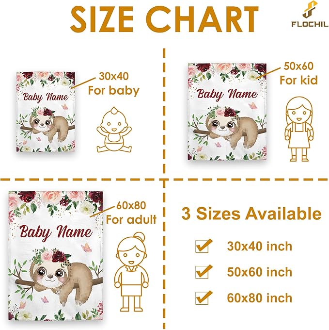 FLOCHIL Personalized Baby Blanket for Girls, Custom Baby Blanket with Name, Customized Baby Products, Gift for Baby, Newborn, Baby Shower (Sloth)