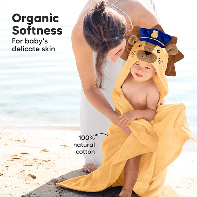 KeaBabies Organic Baby Towel with Hood for Girls, Boys - Soft, Absorbent, 100% Cotton Hooded Baby Towels for Newborns, Infants, Large Hooded Bath Towels for Babies, Kids, Toddler 1-3 (Leo)