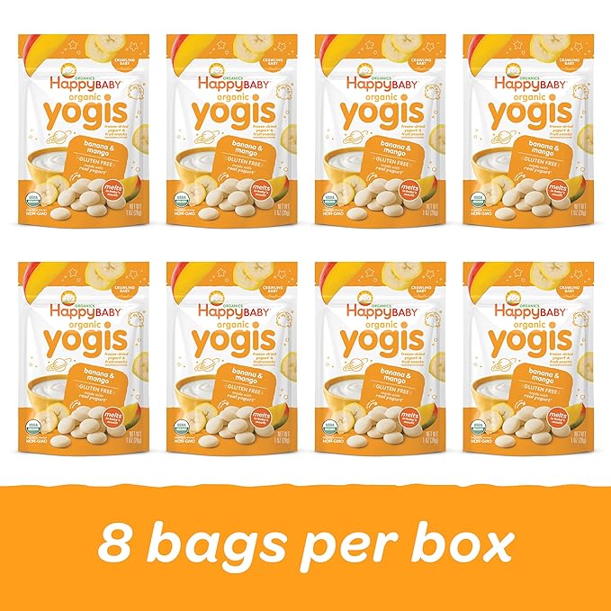 Happy Baby Organics Yogis Freeze-Dried Yogurt & Fruit Snacks, Banana & Mango, 1 Ounce Bag (Pack of 8) packaging may vary