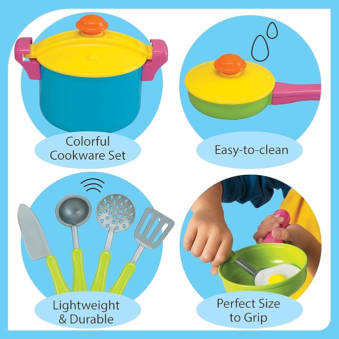 Small World Toys Kids Kitchen Playset, Pretend Play Cooking Toys with Play Pots, Pans, Utensils Cookware Toys, Toddler Kitchen Set for 3+, 11 Pcs Play Kitchen Set Learning Gift for Girls Boys