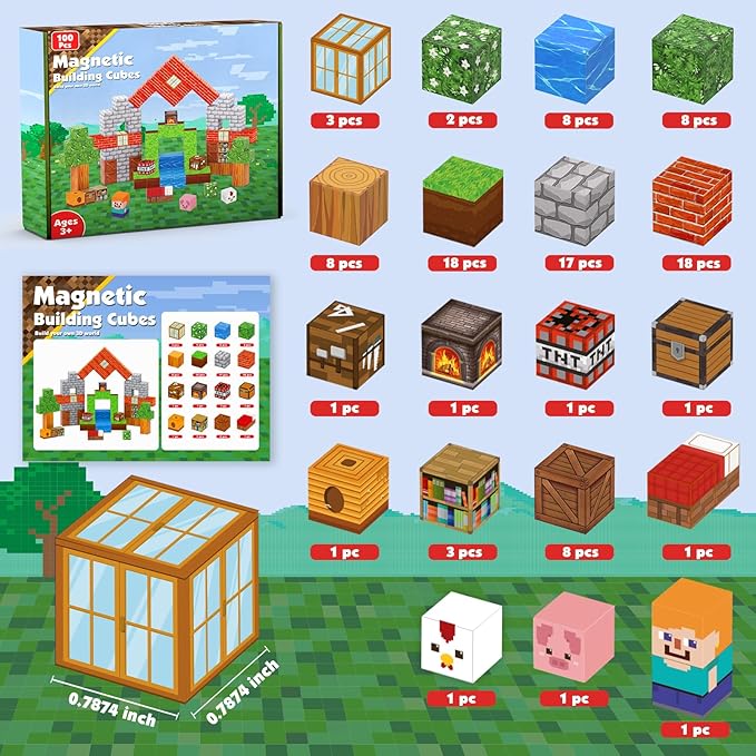 Magnetic Blocks-100PCS Grassland Building Blocks Set, Kids Classroom Sensory Toy, STEM Learning, Construction Stacking Toy for Kids 3+ Boys & Girls