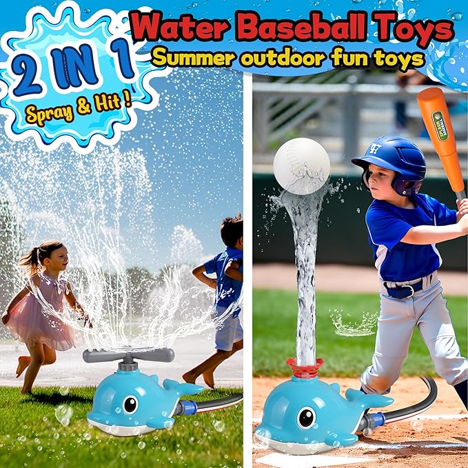 2 in 1 Water Sprinkler Baseball Toy Set for Kids – Whale Shaped Outdoor T-Ball Game & Spinning Splash Toy, Summer Backyard Water Play for Toddlers and Children Ages 3+