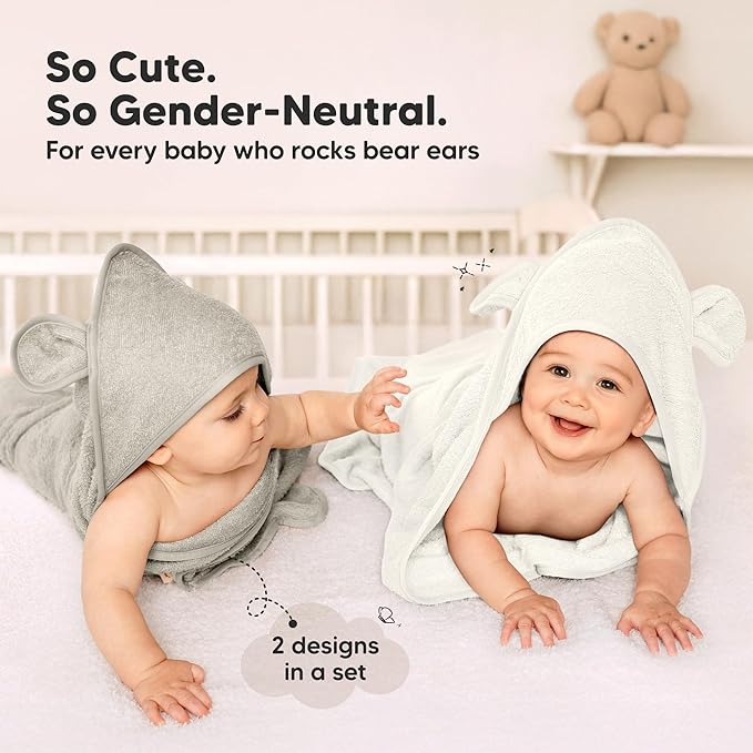 KeaBabies 2-Pack Hooded Baby Towels for Newborn - 30x30 Soft & Absorbent Viscose from Bamboo Baby Bath Towels with Hood for Infant, Toddler,Kids,Boys Girls,Newborn Bath Essentials (Graphite, Petite)