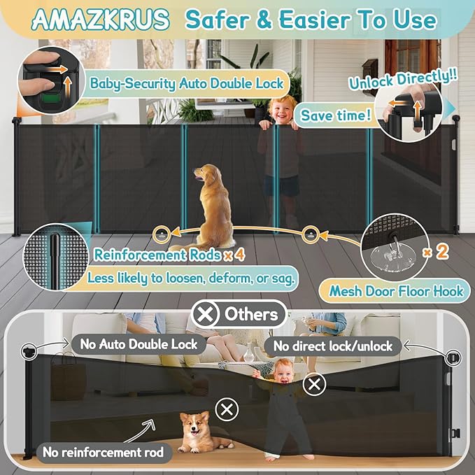 160 Inch Retractable Baby Gates Extra Wide, 42 Inch Extra Tall Retractable Gate, 13 FT Reinforced Retractable Dog Gate with Reinforcement Rod to Prevent Crawling Through, for Doorways, Stairs, Hallway