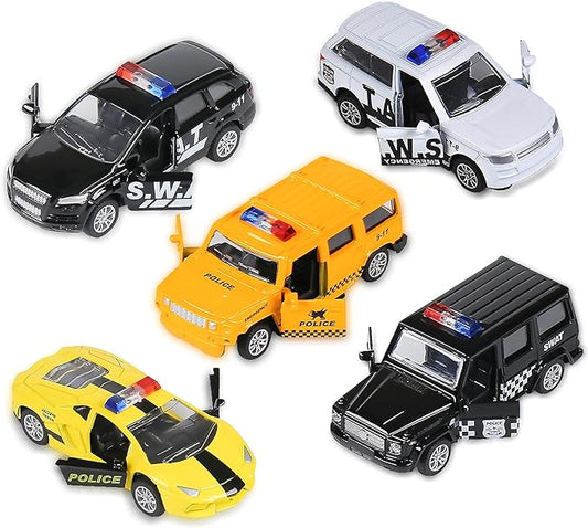 KIDAMI Die Cast Metal Toy Cars Set of 5, Little Openable Doors Pull Back Car Gift Pack for Kids (Police car)