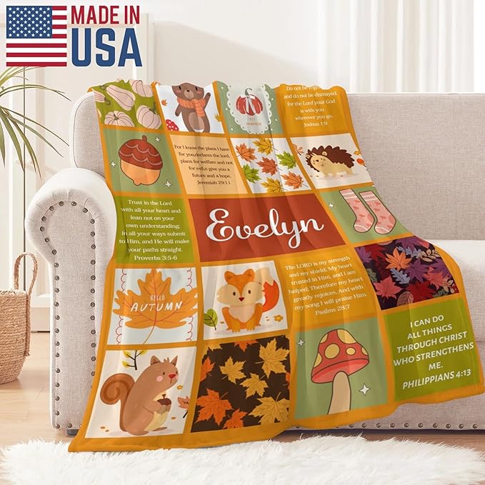 Custom Name Fall Blanket Autumn Soft Cozy Harvest Blanket for Verse Blankets with Inspirational Thoughts and Prayers Religious Boys Girls Kids Adults Halloween Christmas Birthday Christian Gifts