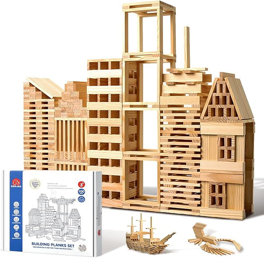 ICEKO KN 100pcs Classic Wooden Building Blocks Set,Solid STEM Building Toys for Kids, Preschool Learning Montessori Toys for Toddlers, Boys & Girls Birthday Gift (Log Color)