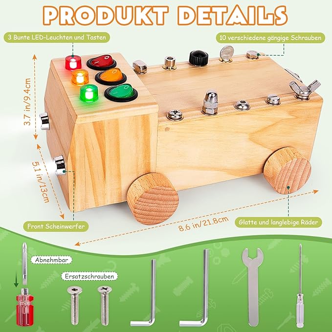 Busy Board,Montessori Screwdriver Board Set for 2-6 Years Old,Montessori Busy Board with LED Light,Wooden Sensory Toys for Boys & Girls,Christmas & Birthday Gift
