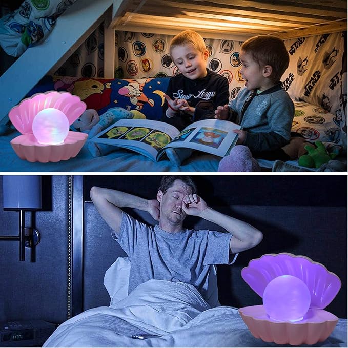 Shell Pearl Beach Themed Night Light, RGB 8 Colors Changing Mood Shell Pearl Lamps, Bedside LED Clamshell Portable Night Lights for Bar (Pink)