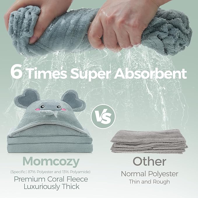 Momcozy Baby Bath Towels with Visualize Health Label - Ultra Soft & Absorbent Coral Fleece Hooded Towels for Newborn, Infant, Toddler (0-36 Months) Bath Essentials (Large Size,2 Pack)